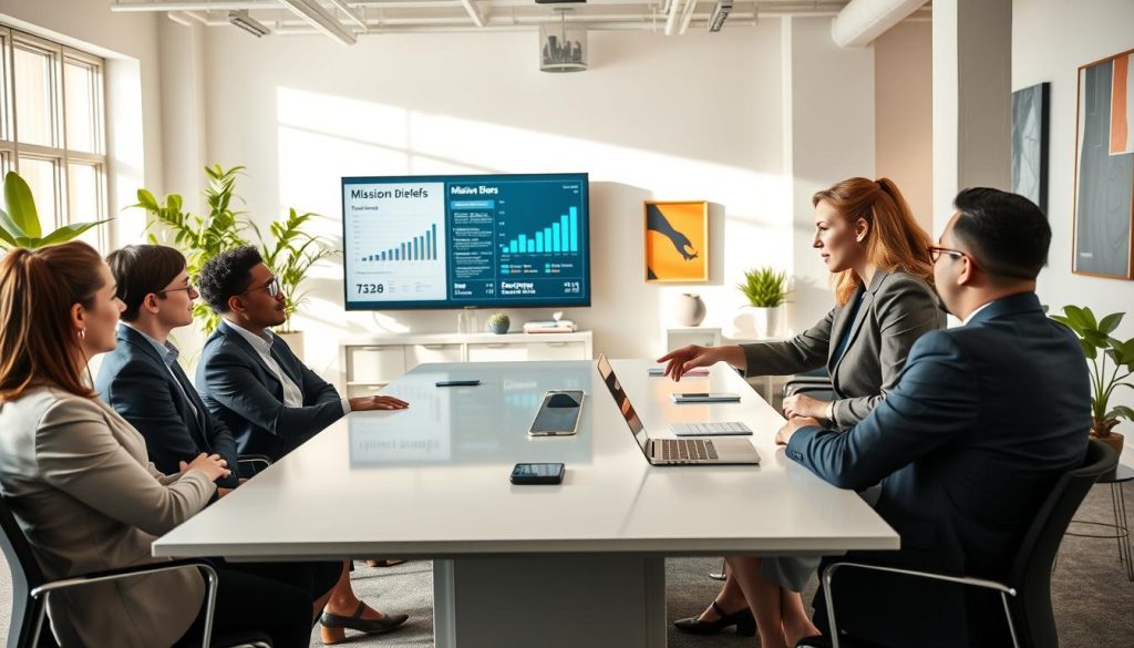 A professional setting showcasing a diverse group of individuals collaborating around a sleek conference table. In the foreground, a well-dressed woman is actively pointing at a laptop while discussing various projects with her colleagues, all dressed in business attire. The middle ground features a large digital screen displaying graphs and charts related to freelance opportunities and mission briefs. In the background, a bright and airy office space filled with greenery and modern art, suggesting a vibrant work environment. Soft, natural lighting streams in through floor-to-ceiling windows, casting gentle shadows. The atmosphere conveys a sense of productivity, teamwork, and innovation, embodying the spirit of "finding tailored missions" for independent professionals. A professional setting showcasing a diverse group of individuals collaborating around a sleek conference table. In the foreground, a well-dressed woman is actively pointing at a laptop while discussing various projects with her colleagues, all dressed in business attire. The middle ground features a large digital screen displaying graphs and charts related to freelance opportunities and mission briefs. In the background, a bright and airy office space filled with greenery and modern art, suggesting a vibrant work environment. Soft, natural lighting streams in through floor-to-ceiling windows, casting gentle shadows. The atmosphere conveys a sense of productivity, teamwork, and innovation, embodying the spirit of "finding tailored missions" for independent professionals.