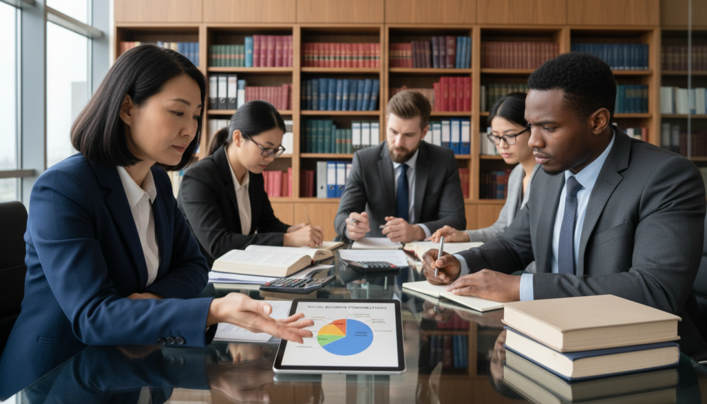 A professional setting showcasing a diverse group of individuals engaged in a discussion about social charges and contributions. In the foreground, a middle-aged woman in business attire is pointing to a chart on a digital tablet, which illustrates the breakdown of social security contributions. Beside her, a young man in a suit takes notes, his expression focused. In the middle ground, a glass table displays financial documents and calculators, emphasizing the analytical aspect of the conversation. The background features shelves with law books and financial reports, subtly hinting at a corporate office environment. The lighting is bright and natural, casting soft shadows, creating an atmosphere of collaboration and professionalism. The scene is shot from a slightly elevated angle to capture all participants and their engagement.