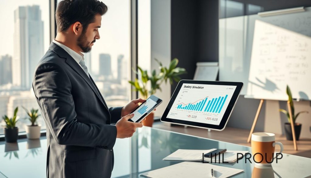 A professional setting showcasing a financial simulation for salary and expense distribution. In the foreground, a well-dressed business professional (in a suit) interacts with a digital tablet displaying charts and graphs representing a salary simulation. The middle ground should feature a sleek modern office environment, with a glass desk, potted plants, and a large window revealing a cityscape. In the background, a whiteboard with complex formulas and notes visible. The lighting is bright and inviting, with natural light streaming in from the window, creating a focused yet relaxed atmosphere. Subtle details such as a cup of coffee and business documents add realism. Incorporate the brand name "UMALIS GROUP" subtly in the scene.