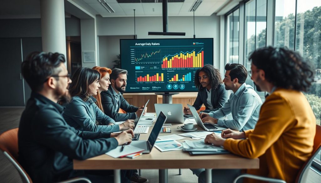 A professional setting showcasing a group of diverse IT engineers engaged in a discussion around financial optimization under the concept of 'taux journalier moyen' in portage salarial. In the foreground, a mixed-gender group of engineers in smart casual attire is gathered around a table covered with laptops, charts, and financial documents. In the middle ground, a large digital screen displays graphs and financial data, highlighting average daily rates. The background features a modern office environment with large windows allowing natural light to stream in, creating a bright and engaging atmosphere. The mood is collaborative and focused, emphasizing innovation and financial insights. The angle is slightly overhead, capturing the interaction and visuals effectively.
