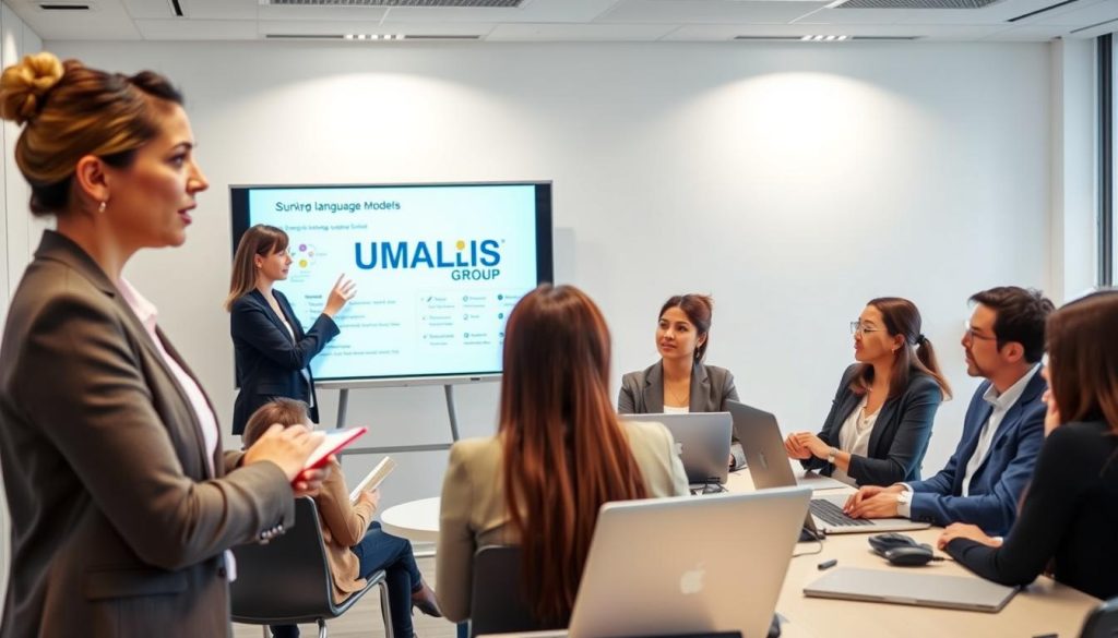 A professional setting showcasing a group of diverse individuals engaged in a training session about Large Language Models (LLMs). In the foreground, a confident female instructor in smart casual attire explains concepts on a digital whiteboard. In the middle ground, attentive participants of various ethnicities, dressed in business casual, take notes. The background features a modern classroom with sleek furniture, laptops, and soft, diffused lighting creating an inviting atmosphere. A logo of “UMALIS GROUP” is subtly placed on the whiteboard. The scene captures a collaborative and focused mood, emphasizing the importance of learning LLMs for self-employed consultants in a contractual work environment.