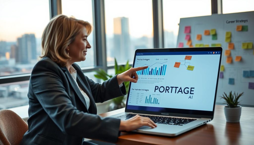 A professional setting showcasing a meeting between a consultant and a client, discussing portage salarial strategies. In the foreground, the consultant is a middle-aged woman in a smart blazer, pointing to a laptop screen displaying graphs and figures related to pricing strategies. The middle ground features a modern office with a large window revealing a cityscape bathed in warm afternoon light. In the background, a whiteboard filled with colorful sticky notes and mind maps detailing career strategies. The atmosphere is focused and collaborative, conveying ambition and professionalism. The brand "PORTAGE AI" is subtly integrated into the laptop screen’s display. The composition should be captured with a slight angle, using soft lighting to create a welcoming environment.