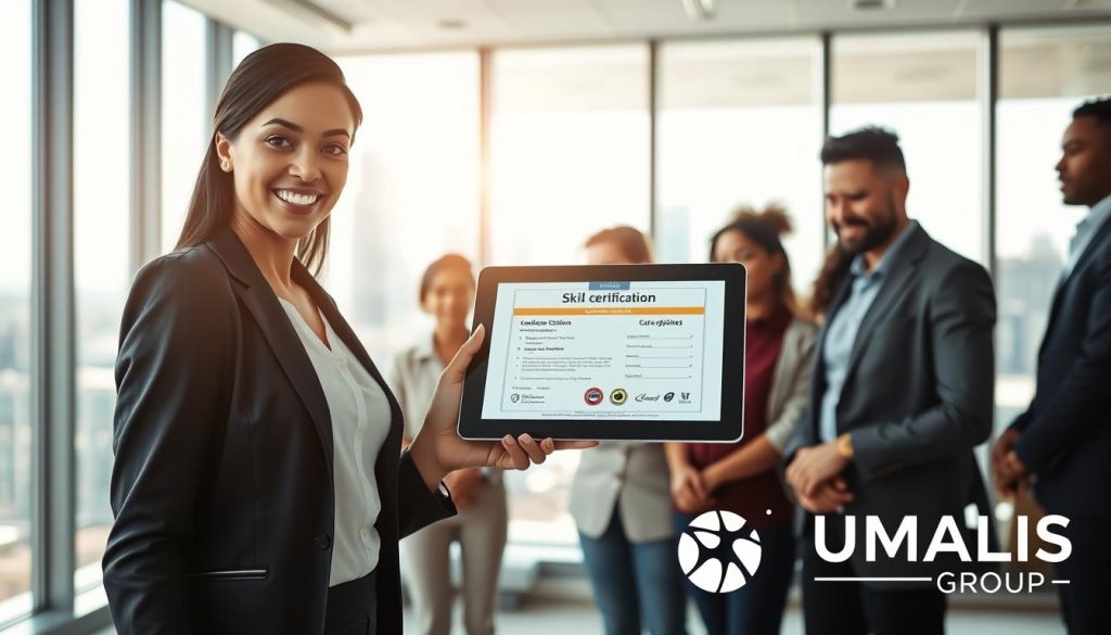 A professional setting showcasing a modern office environment where a diverse group of individuals is engaged in an interactive session about skill certification. In the foreground, a confident woman in smart business attire, pointing at a digital tablet displaying a skill certification. The middle layer features a group of people attentively listening, reflecting a sense of collaboration and enthusiasm. In the background, a large window with natural light streaming in, casting a warm glow, and showcasing a city skyline. The atmosphere is positive and empowering, symbolizing growth and validation in personal skills. The logo of "UMALIS GROUP" is subtly included in the decor of the room, enhancing the theme of professional development without being intrusive. A professional setting showcasing a modern office environment where a diverse group of individuals is engaged in an interactive session about skill certification. In the foreground, a confident woman in smart business attire, pointing at a digital tablet displaying a skill certification. The middle layer features a group of people attentively listening, reflecting a sense of collaboration and enthusiasm. In the background, a large window with natural light streaming in, casting a warm glow, and showcasing a city skyline. The atmosphere is positive and empowering, symbolizing growth and validation in personal skills. The logo of "UMALIS GROUP" is subtly included in the decor of the room, enhancing the theme of professional development without being intrusive.