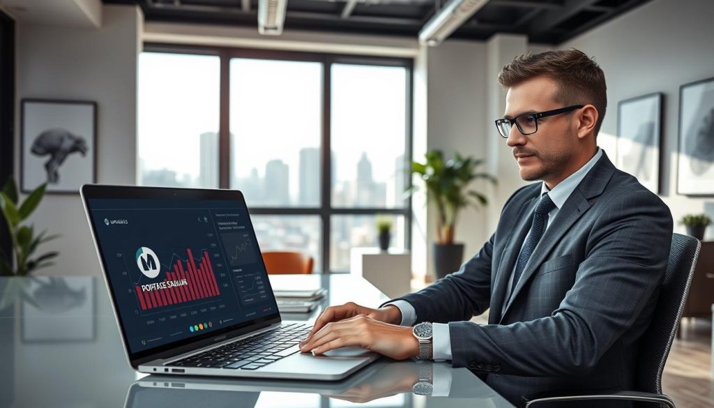 A professional setting showcasing a modern office environment where an independent project manager is analyzing daily rates and income through a sleek digital simulator interface. In the foreground, a focused individual dressed in smart business attire is seated at a stylish desk, engaging with a high-tech laptop displaying interactive graphs and figures related to portage salarial. In the middle ground, a large window reveals a city skyline, allowing natural light to illuminate the workspace, enhancing a sense of productivity. The background features a bright, minimalist design with plants and inspirational artwork. The overall mood conveys professionalism, clarity, and ambition, with a subtle inclusion of the UMALIS GROUP brand logo displayed on the laptop screen, ensuring a seamless integration into the corporate theme.