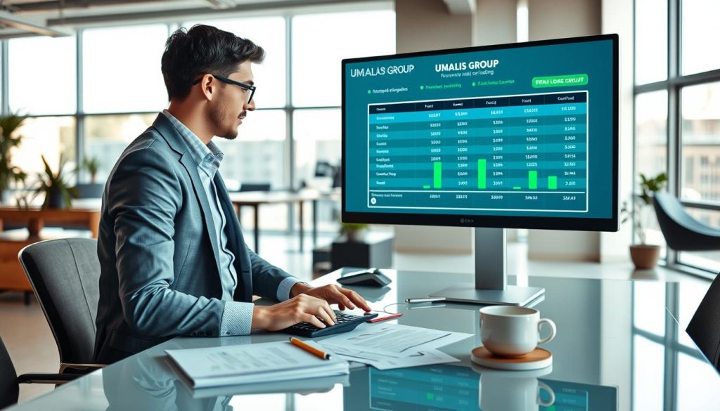 A professional setting showcasing a modern office environment with a clear view of a large computer screen displaying a financial simulation tool for salary portage, branded with "UMALIS GROUP". In the foreground, a focused businessperson in smart casual attire, analyzing data on the screen, suggests careful consideration and strategy. In the middle, a sleek desk with financial documents, a calculator, and a cup of coffee symbolize diligent work. The background features a bright, naturally lit office space with large windows and contemporary decor, creating an atmosphere of productivity and professionalism. The composition captures a balanced blend of technology and business, emphasizing the theme of profitability assessment in short versus long assignments, with soft, warm lighting to enhance a welcoming mood.