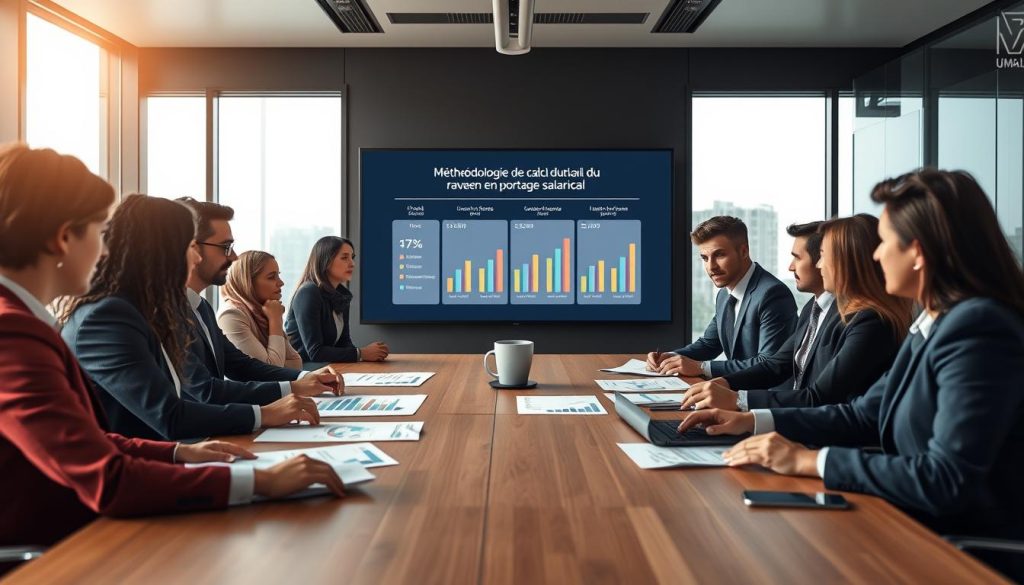 A professional setting showcasing a modern office environment with a conference table at the center. In the foreground, a diverse group of business professionals in smart attire are engaged in a discussion, analyzing charts and graphs related to freelance income calculation. They are surrounded by documents labeled "Méthodologie de calcul du revenu en portage salarial". The middle area displays a large screen presenting a detailed infographic about income simulation and payroll management, reflecting key financial metrics. The background features large windows with natural light streaming in, creating a bright and innovative atmosphere. The branding "UMALIS GROUP" appears subtly on the presentation screen. The composition is balanced, with a focus on collaboration and professionalism, conveying an atmosphere of clarity and insight.