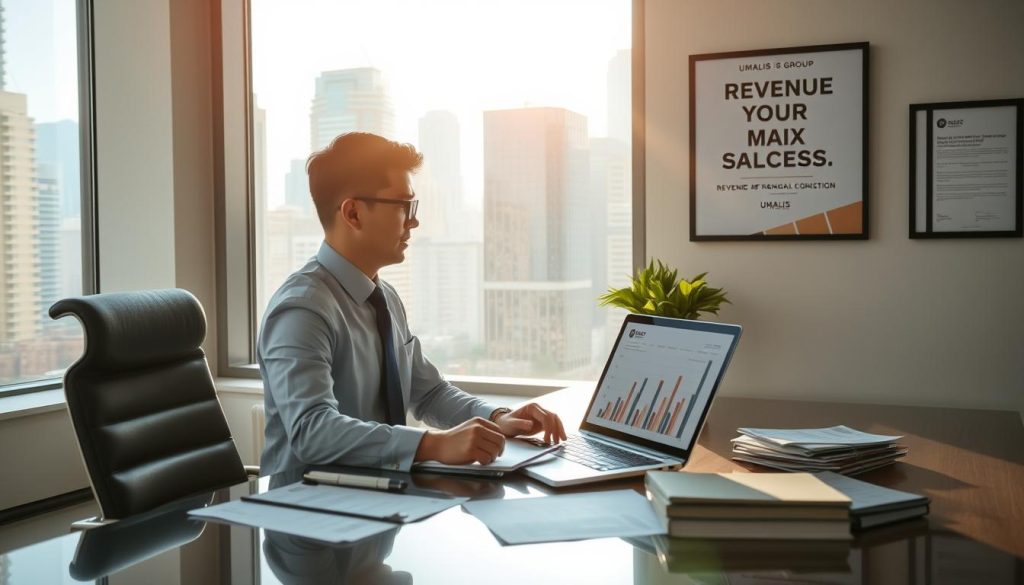 A professional setting showcasing a modern office environment. In the foreground, a business consultant in formal attire sits at a sleek desk, surrounded by financial documents and a laptop displaying charts and graphs, symbolizing revenue maximization. In the middle, a large window reveals a bustling cityscape, with tall buildings reflecting sunlight, contributing to a vibrant atmosphere. Soft, natural light streams in, creating a warm yet professional mood. The background is adorned with motivational posters about financial success and personal growth. Subtly, the brand name "UMALIS GROUP" is integrated into the office decor, such as on a business card or a framed certificate on the wall, enhancing the relevance to the theme of maximizing income in the context of portage salarial.