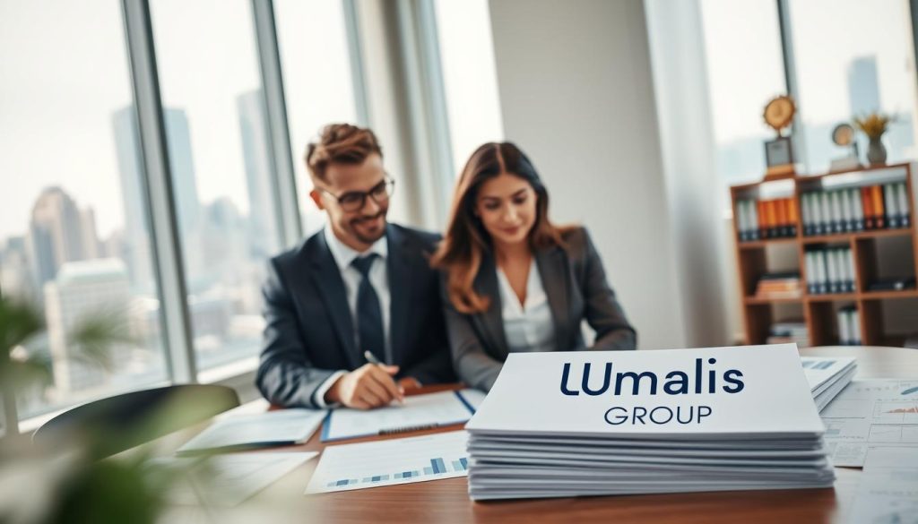 A professional setting showcasing a successful win-win partnership in salary negotiation, featuring two business professionals in a modern office. In the foreground, a diverse male and female business team discuss strategies over a table, with charts and documents spread out, dressed in elegant business attire. The middle ground features a bright, well-lit office with large windows showing a city skyline, symbolizing opportunity. The background includes shelves with books and awards, highlighting professionalism and achievement. Soft, natural lighting pours in to create a motivational atmosphere, with a slight bokeh effect to emphasize the subjects. Incorporate the "Umalis Group" logo subtly on one of the materials in the foreground, ensuring no text is directly visible in the image.