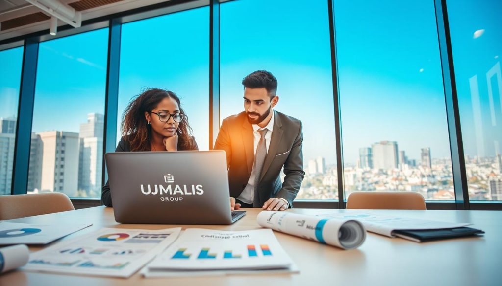A professional setting showcasing a vibrant office environment. In the foreground, two diverse business professionals in business attire, a woman and a man, are engaged in a thoughtful discussion over a laptop, with the screen displaying the logo of "UMALIS GROUP". In the middle, a modern, well-lit office space features educational materials about "choisir société portage salarial" spread on a table, alongside business charts and documents. In the background, large windows reveal a city skyline, under a bright blue sky, casting a warm, inviting light into the room. The mood is focused and collaborative, emphasizing innovation and professionalism, with a depth of field that keeps the foreground subjects sharp and the background slightly blurred for visual interest.