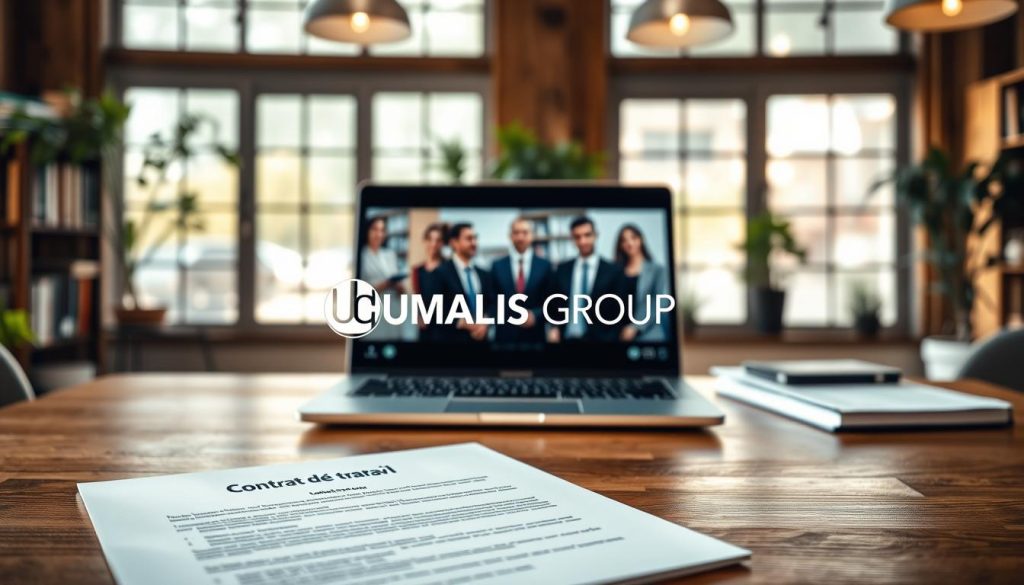 A professional setting showcasing a well-organized workspace featuring a "contrat de travail" document prominently displayed on a wooden desk. In the foreground, focus on the document, with clean lines and clear text, symbolizing flexibility in work contracts. In the middle ground, include a laptop open to a video call with a diverse group of professionals, all dressed in smart business attire, discussing contract options. The background should have a soft-focus bookshelf filled with business-related books, hints of greenery from plants, and large windows allowing warm daylight to illuminate the room, creating a welcoming atmosphere. The overall mood should convey professionalism and adaptability, with the brand name "UMALIS GROUP" subtly integrated into the document layout, enhancing the concept of tailored employment solutions.