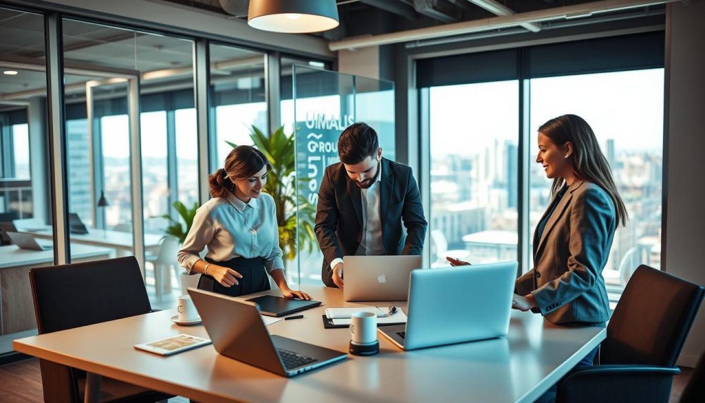 A professional setting showcasing "activité professionnelle en portage," featuring a modern office space with large windows letting in natural light. In the foreground, a diverse group of three professionals, a woman in a smart blouse and skirt, a man in a tailored suit, and another individual in a chic business-casual outfit, collaborate around a table filled with laptops, documents, and coffee cups, emphasizing teamwork. The middle background includes a glass partition with a vibrant green plant, while the far background reveals an inspiring cityscape. Soft, warm lighting creates an inviting atmosphere, and the scene conveys productivity and success, with the logo of UMALIS GROUP subtly displayed on a wall. The perspective is slightly from above, giving a comprehensive view of the engaging work environment.