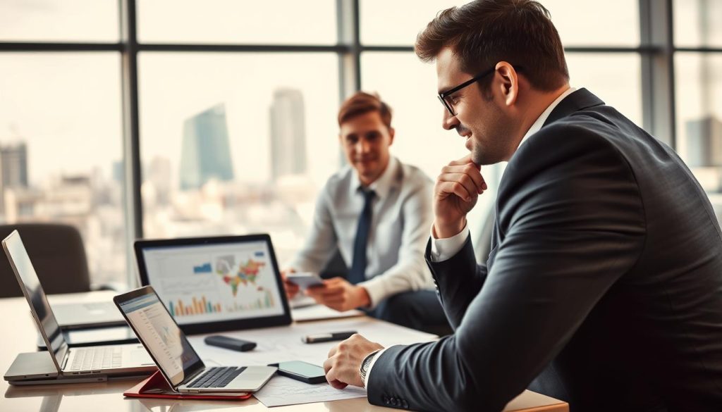 A professional setting showcasing diverse channels of business prospecting related to salary portage. In the foreground, a business professional in smart attire engages in a thoughtful discussion with colleagues over a table filled with documents and laptops, symbolizing collaboration and strategy. In the middle ground, various digital devices like tablets and smartphones display graphs and networking apps, indicating modern prospecting methods. The background features a large window with a city skyline, hinting at a bustling business environment. Soft, natural lighting illuminates the scene, creating a focus on the professionals’ engaged expressions. The overall atmosphere is dynamic and optimistic, reflecting the innovative approaches of Umalis Group in diversifying prospecting channels.