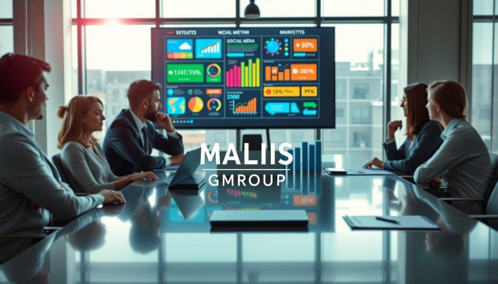 A professional setting showcasing diverse digital marketing channels. In the foreground, a sleek conference table with business professionals in smart attire, engaged in a strategic discussion, analyzing digital graphs and charts reflecting various marketing metrics. The middle ground features a large digital screen displaying colorful infographics illustrating different marketing channels such as social media, email, SEO, and PPC. The background showcases a modern office environment, with large windows letting in soft natural light, creating an inspiring and focused atmosphere. Soft shadows enhance the depth, and a subtle lens flare from the window adds a touch of warmth. The overall mood is collaborative and productive, embodying the essence of effective digital marketing strategies. The brand name "UMALIS GROUP" is subtly integrated into the visual elements without being overt.