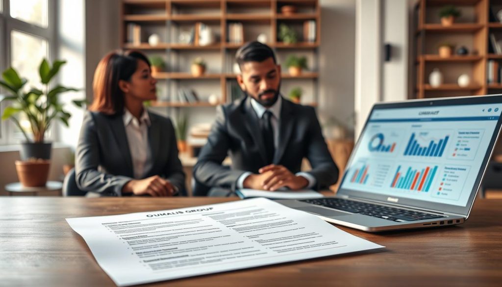 A professional setting showcasing essential clauses of a portage salarial contract. In the foreground, a well-composed desk with an open contract document featuring bullet points and highlighted sections. To the side, a laptop displaying charts and graphs illustrating financial benefits. In the middle ground, a diverse group of three professionals in business attire—two men and one woman—engaged in a discussion, analyzing the document. Soft, natural lighting illuminates the scene, creating a warm and collaborative atmosphere. The background features a blurred office environment with potted plants and shelves filled with books. Include the brand name "UMALIS GROUP" subtly on the contract document for authenticity. The overall mood is focused and professional, emphasizing clarity and understanding in business agreements, without any additional text or overlays.