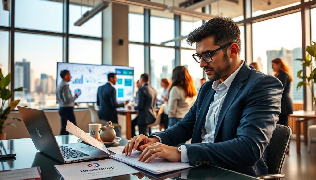A professional setting showcasing self-marketing and brand building, with a diverse group of freelancers interacting in a modern office filled with natural light. In the foreground, a focused individual in smart business attire is working on a laptop, surrounded by notes and branding materials related to "Umalis Group". The middle layer features a collaborative discussion among a team, exchanging ideas and actively brainstorming, with visual elements like charts and graphs displayed on a digital screen. In the background, large windows reveal a bustling cityscape, symbolizing opportunity and growth. The atmosphere is dynamic and inspiring, with warm lighting that enhances creativity and teamwork.