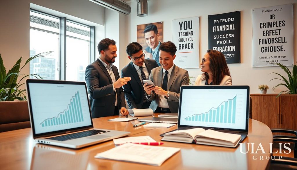 A professional setting showcasing the advantages of portage salarial, featuring a diverse group of three consultants in smart business attire collaborating around a sleek conference table with laptops and charts visible. The foreground includes a laptop displaying growth graphs and a notepad filled with notes. In the middle, consultants are engaged in discussion, one gesturing towards the laptop, while the others attentively listen. The background features a bright, modern office space with large windows letting in natural light, plants, and motivational posters about entrepreneurship and financial success. The atmosphere is focused, optimistic, with a sense of teamwork and professionalism. Ensure the branding "UMALIS GROUP" is subtly integrated into the office decor without being overt. The lighting is warm and inviting, using a soft-focus lens effect to enhance the scene.