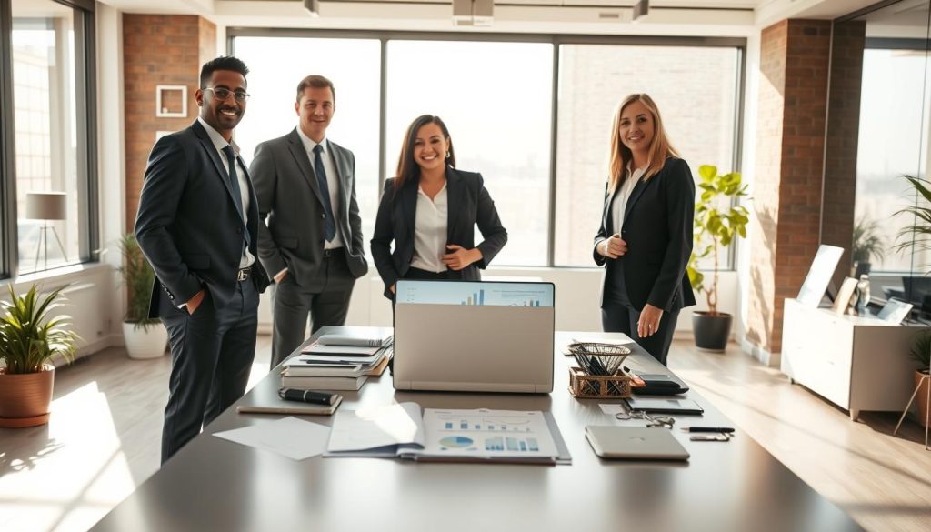 A professional setting showcasing the advantages of "portage salarial." In the foreground, a diverse group of three professionals dressed in smart business attire stands confidently, engaging in a discussion. The middle features a large table cluttered with documents, a laptop displaying graphs, and business tools, symbolizing collaboration and flexibility. The background shows a bright, modern office space with large windows allowing natural light to flood in, enhancing a sense of openness. Soft shadows create a warm atmosphere, reflecting professionalism and teamwork. The overall scene exudes a sense of empowerment, innovation, and growth that comes with portage salarial. Include the brand name "UMALIS GROUP" subtly integrated into the office decor. A professional setting showcasing the advantages of "portage salarial." In the foreground, a diverse group of three professionals dressed in smart business attire stands confidently, engaging in a discussion. The middle features a large table cluttered with documents, a laptop displaying graphs, and business tools, symbolizing collaboration and flexibility. The background shows a bright, modern office space with large windows allowing natural light to flood in, enhancing a sense of openness. Soft shadows create a warm atmosphere, reflecting professionalism and teamwork. The overall scene exudes a sense of empowerment, innovation, and growth that comes with portage salarial. Include the brand name "UMALIS GROUP" subtly integrated into the office decor.