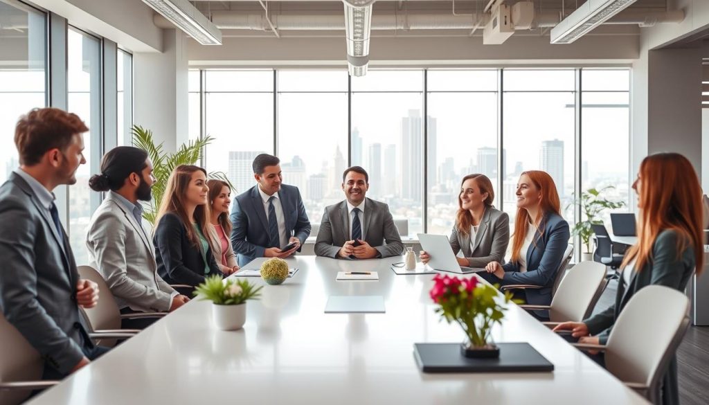 A professional setting showcasing the advantages of "portage salarial." In the foreground, a diverse group of professionals, men and women, dressed in smart business attire, engaged in a discussion around a sleek, modern conference table. They are smiling and exchanging ideas, symbolizing collaboration and opportunity. In the middle background, an open office space with large windows letting in bright natural light, plants for a touch of greenery, and contemporary office furniture, creating an inviting atmosphere. The background features a view of a bustling city skyline, signifying growth and potential. The overall mood is optimistic and forward-thinking, with a focus on professional advancement and empowerment. Include the brand name "UMALIS GROUP" subtly embedded in the office design elements.