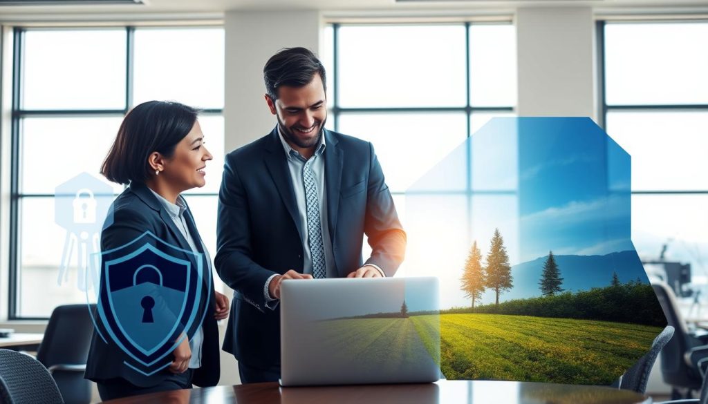 A professional setting showcasing the benefits of "portage salarial" for IT consultants, emphasizing security and independence. In the foreground, a diverse group of three business professionals—two men and one woman—wearing smart casual attire, engaged in a discussion around a laptop. The middle layer features a modern office with large windows, allowing natural light to illuminate the scene, enhancing a sense of openness and freedom. In the background, abstract graphics of security symbols like shields and keys subtly blended with serene landscapes symbolizing independence and growth. The mood is optimistic and collaborative, evoking a sense of empowerment and professionalism, captured with a slightly elevated angle for a dynamic perspective.