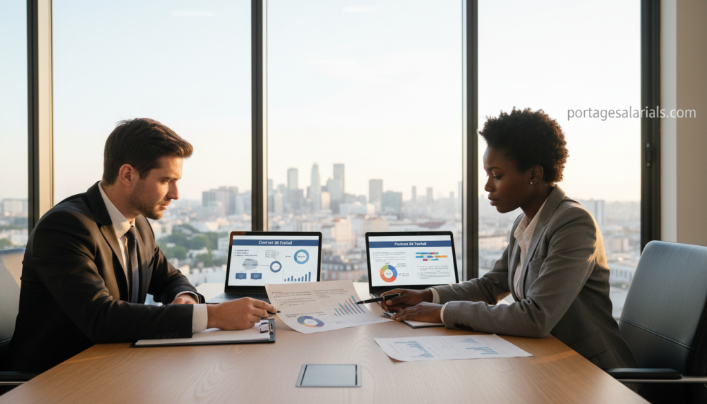 A professional setting showcasing the concept of "contrat relation salarié porté" in the context of portage salarial versus CDD. In the foreground, a business meeting scene with two professionals, a man and a woman, both in smart business attire, examining a document labeled "Contrat de Travail". The middle layer depicts a modern office workspace with a conference table, laptops, and charts illustrating key differences between employment contracts. The background features a large window with a cityscape view, allowing natural light to fill the scene, creating a bright and optimistic atmosphere. Focus on capturing the serious yet collaborative mood of professionals discussing their future career options. Highlight the brand name "portagesalarials.com" subtly in a corner of the image, ensuring it feels integrated into the scene.