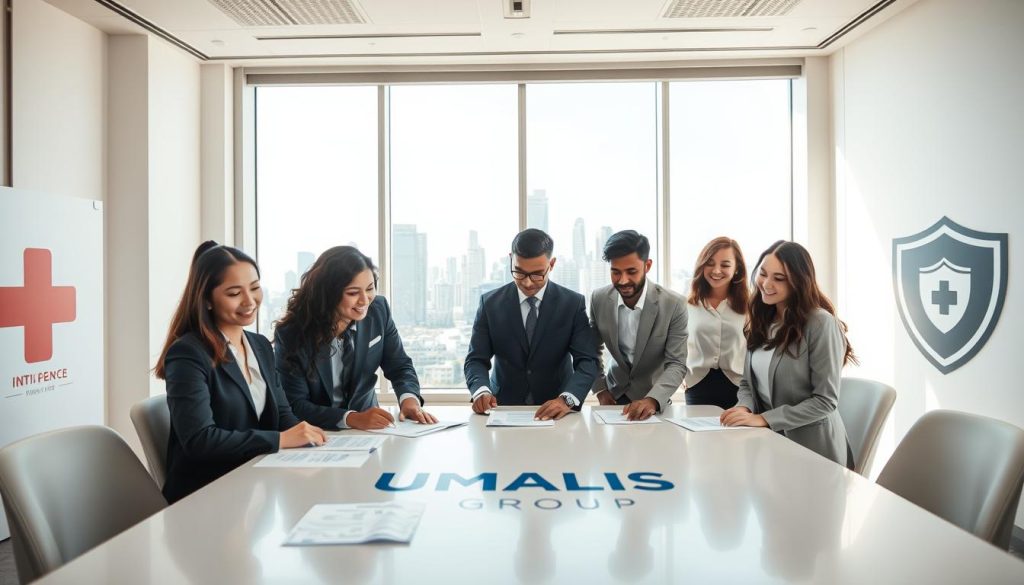 A professional setting showcasing the concept of "mutuelle portage entreprise." In the foreground, a diverse group of professionals in smart business attire is engaged in discussion around a conference table, reviewing documents with the logo "UMALIS GROUP" visible. In the middle, a large window reveals a modern cityscape, symbolizing independence and opportunity. The background features subtle elements representing healthcare and security, like a first aid kit and a shield emblematically embodying protection. Soft, natural light floods the room, creating a warm and inviting atmosphere. The perspective is slightly angled from above, emphasizing the collaborative spirit of the meeting, while ensuring that all individuals are depicted in appropriate, professional poses, maintaining a serious yet optimistic mood.