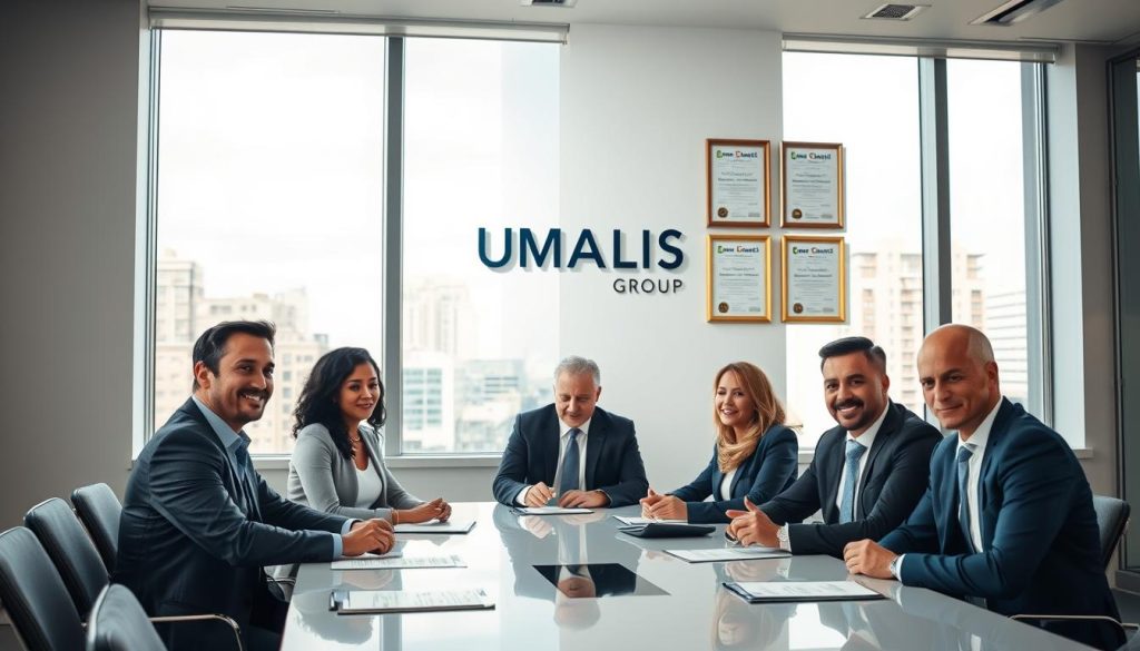 A professional setting showcasing the concept of "portage salarial." In the foreground, a diverse group of three individuals in business attire are engaged in a collaborative discussion around a modern conference table, depicting a consultant, a financial advisor, and a legal expert. In the middle layer, a large window allows soft, natural light to illuminate the room, creating a welcoming atmosphere. A wall is adorned with professional certificates and the "UMALIS GROUP" logo prominently displayed. In the background, city buildings are visible through the windows, suggesting a dynamic urban environment. The mood is focused and productive, emphasizing professionalism, security, and collaboration in an independent career. Use a slightly elevated angle to capture the broader scene while ensuring individual expressions are visible and engaged.