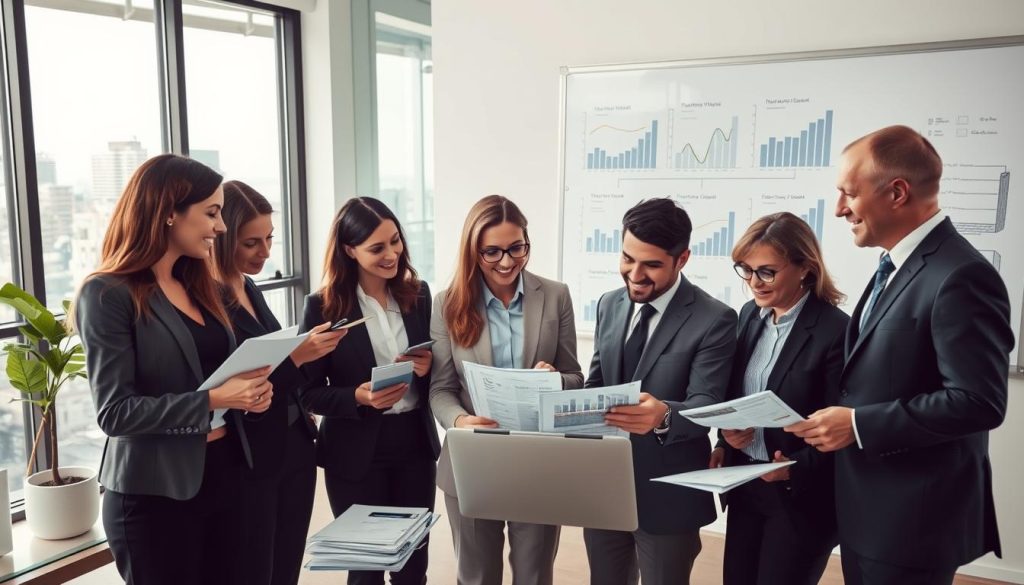 A professional setting showcasing the concept of "portage salarial". In the foreground, a diverse group of professionals in business attire, including a woman and a man, engaged in an animated discussion over financial documents and a laptop, reflecting collaboration and expertise. In the middle ground, a stylish, modern office environment with a large window overlooking a cityscape, soft natural light filtering in, creating an inviting atmosphere. The background features a whiteboard with charts and graphs illustrating financial flow and opportunities associated with portage salarial. The mood is focused and dynamic, emphasizing the financial aspects of the system. Include the brand name "Umalis Group" subtly integrated into the office decor or on documents. Use a high-angle perspective to capture both the group and the workspace effectively.