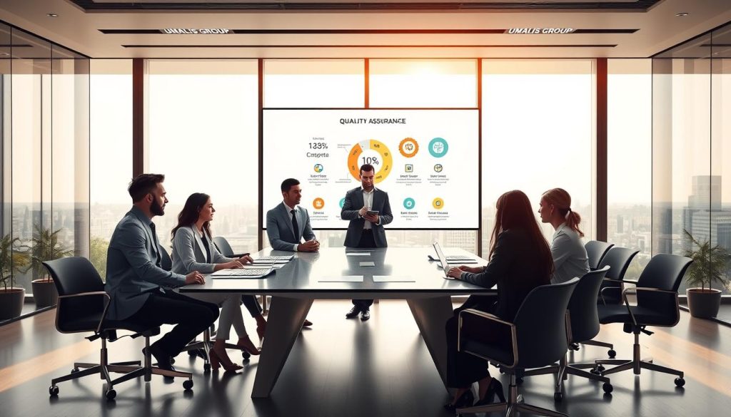 A professional setting showcasing the concept of quality assurance for a company named "UMALIS GROUP." In the foreground, a group of diverse business professionals, dressed in formal attire, are engaged in a collaborative discussion around a sleek conference table, with documents highlighting quality metrics. In the middle ground, a large presentation screen displays infographics and quality certification icons. The background features a modern office environment with panoramic windows allowing natural light to pour in, creating a bright and inviting atmosphere. Soft shadows and a warm color palette enhance the mood of trust and transparency, emphasizing the commitment to quality within the context of freelance and portage salarial engagements. The image should be well-composed, with a focus on clarity and professionalism.