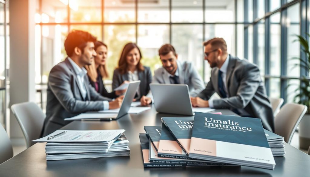 A professional setting showcasing the concept of "responsabilité civile professionnelle" for freelance workers. In the foreground, a diverse group of professionals in smart business attire are collaborating around a modern conference table, engaged in discussion and problem-solving. In the middle ground, paperwork, a laptop, and a stack of insurance brochures labeled "Umalis Group" are visible, emphasizing the theme of professional liability insurance. The background features a bright, open office space with large windows allowing natural light to flood in, creating an inviting atmosphere. Use a slightly elevated angle to capture the dynamics of teamwork. The overall mood is serious yet optimistic, highlighting the importance of protection and security in professional activities.