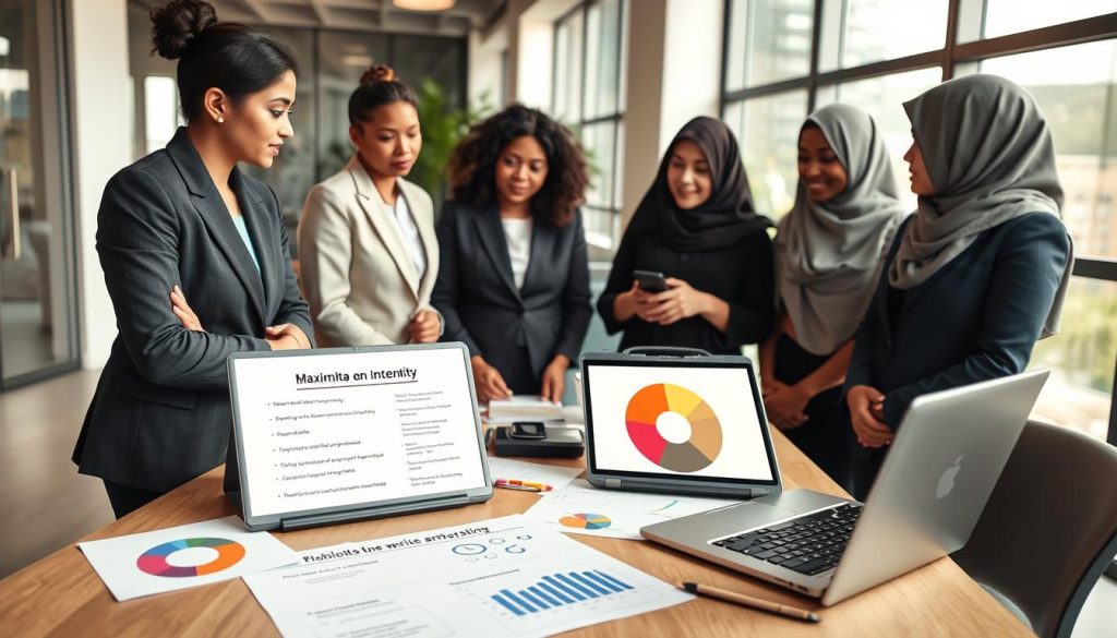 A professional setting showcasing the concept of rewards and incentives in freelance work focused on maternity. In the foreground, a diverse group of business professionals in smart, modest attire engages in a discussion over a table filled with charts and graphs highlighting performance metrics and rewards. The middle layer includes a notepad with bullet points outlining key incentives, while a laptop displays a vibrant pie chart. The background features a bright, modern office environment with large windows letting in soft natural light. The atmosphere conveys motivation and collaboration, ideal for a creative workspace. This scene embodies the theme of maximizing benefits in freelancing, branded with a subtle logo of "Umalis Group" on the materials present around them. A professional setting showcasing the concept of rewards and incentives in freelance work focused on maternity. In the foreground, a diverse group of business professionals in smart, modest attire engages in a discussion over a table filled with charts and graphs highlighting performance metrics and rewards. The middle layer includes a notepad with bullet points outlining key incentives, while a laptop displays a vibrant pie chart. The background features a bright, modern office environment with large windows letting in soft natural light. The atmosphere conveys motivation and collaboration, ideal for a creative workspace. This scene embodies the theme of maximizing benefits in freelancing, branded with a subtle logo of "Umalis Group" on the materials present around them.