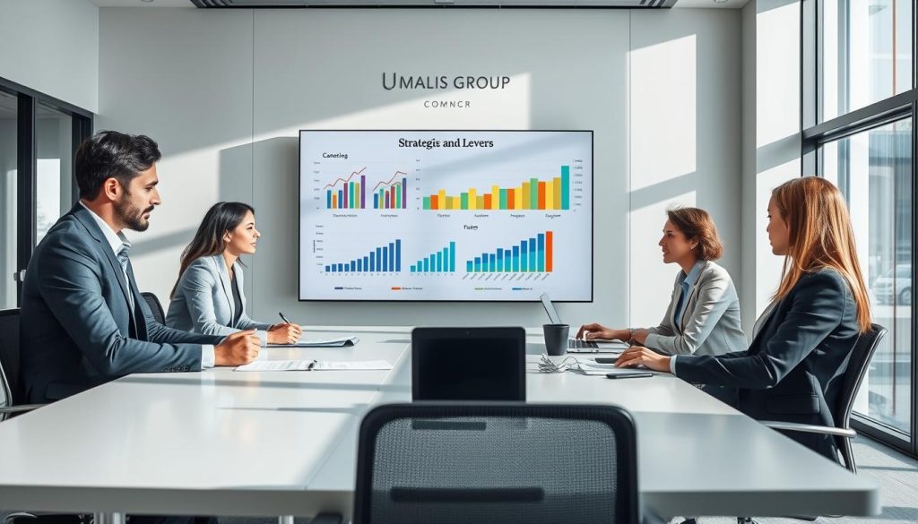 A professional setting showcasing the concept of "strategies and levers" in the context of portage salarial. In the foreground, a diverse group of three business professionals in smart attire, engaged in a brainstorming session around a sleek conference table, with documents and digital devices. In the middle, a large wall-mounted screen displays graphs and charts related to career evolution. The background features a modern office with large windows allowing natural light to pour in, creating a bright and positive atmosphere. Soft shadows and balanced lighting enhance the professionalism of the scene. The branding "UMALIS GROUP" subtly integrated into the design of the conference room, representing stability and growth. The overall mood is collaborative and forward-looking, inspiring confidence in career strategies.