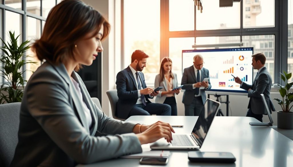 A professional setting showcasing the concept of "transition portage salarial carrière digitale." In the foreground, a well-dressed individual, a woman in a smart blazer, is sitting at a sleek desk, engaging with a laptop, with notes and a smartphone beside her. In the middle ground, a diverse group of professionals in business attire is collaborating over digital devices, brainstorming ideas represented by colorful data visualizations on a nearby screen. The background features a modern office space with large windows letting in soft, natural light, creating a bright and optimistic atmosphere. The lens captures a slight depth of field to emphasize the focused group while maintaining a clear view of the inspiring office environment. Incorporate visual elements associated with the digital economy, such as graphs and icons. Include the brand name "Umalis Group" subtly integrated into the office design elements. A professional setting showcasing the concept of "transition portage salarial carrière digitale." In the foreground, a well-dressed individual, a woman in a smart blazer, is sitting at a sleek desk, engaging with a laptop, with notes and a smartphone beside her. In the middle ground, a diverse group of professionals in business attire is collaborating over digital devices, brainstorming ideas represented by colorful data visualizations on a nearby screen. The background features a modern office space with large windows letting in soft, natural light, creating a bright and optimistic atmosphere. The lens captures a slight depth of field to emphasize the focused group while maintaining a clear view of the inspiring office environment. Incorporate visual elements associated with the digital economy, such as graphs and icons. Include the brand name "Umalis Group" subtly integrated into the office design elements.