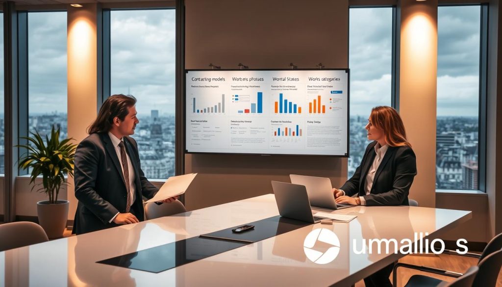 A professional setting showcasing the concept of work status and contracting structures in France. In the foreground, a diverse group of three business professionals dressed in smart business attire, engaged in a discussion around a sleek modern table, with documents and a laptop open, reflecting a clear focus on negotiation. The middle ground features a wall-mounted display with graphs and charts illustrating contracting models and work status categories in France, illuminated by soft, warm office lighting, creating an inviting atmosphere. In the background, a panoramic view of the Paris skyline through large windows, symbolizing the location's significance in the consulting industry. The overall mood is professional and informative, with an emphasis on collaboration and clarity. Include the Umalis Group logo subtly integrated into the scene without any text or branding distractions. A professional setting showcasing the concept of work status and contracting structures in France. In the foreground, a diverse group of three business professionals dressed in smart business attire, engaged in a discussion around a sleek modern table, with documents and a laptop open, reflecting a clear focus on negotiation. The middle ground features a wall-mounted display with graphs and charts illustrating contracting models and work status categories in France, illuminated by soft, warm office lighting, creating an inviting atmosphere. In the background, a panoramic view of the Paris skyline through large windows, symbolizing the location's significance in the consulting industry. The overall mood is professional and informative, with an emphasis on collaboration and clarity. Include the Umalis Group logo subtly integrated into the scene without any text or branding distractions.