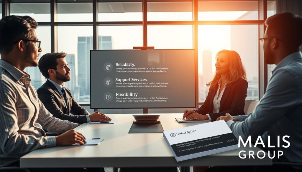 A professional setting showcasing the key criteria for choosing a portage salary company. In the foreground, a diverse group of three business professionals—two men and one woman—discussing around a modern conference table, wearing smart business attire. The middle ground features a digital presentation screen displaying bullet points that represent critical selection criteria: reliability, fees, support services, and flexibility, each highlighted prominently without text. The background includes large windows with a city skyline, casting warm natural light into the room, creating a collaborative and focused atmosphere. The scene should evoke an air of professionalism and trust, depicting a dynamic business environment. In the corner, the brand logo "UMALIS GROUP" elegantly displayed on a business card.