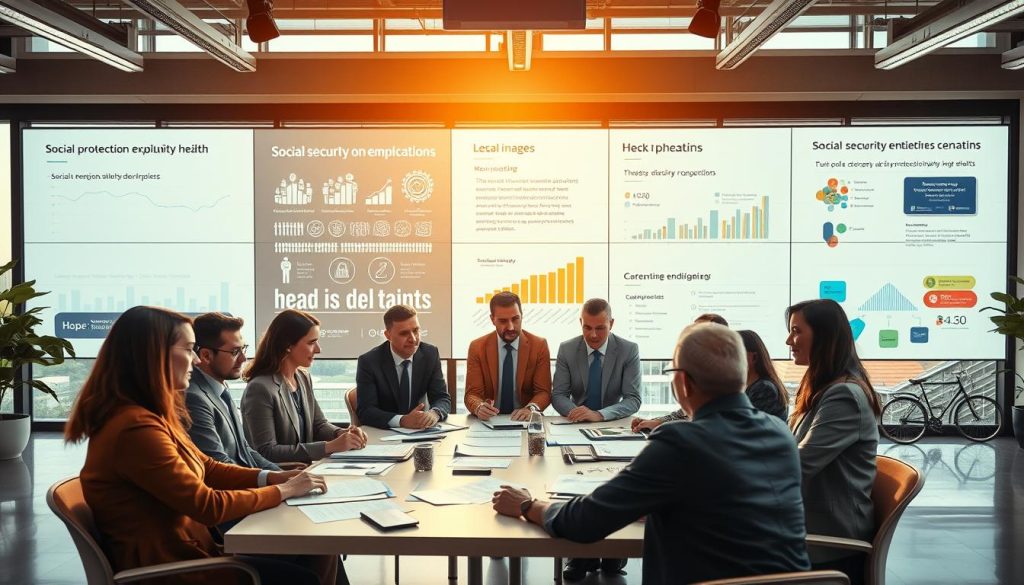 A professional setting showcasing the themes of social protection, employment, and health. In the foreground, a diverse group of business people in professional attire engage in discussion around a table filled with documents and digital devices, symbolizing collaboration. In the middle ground, large screens display infographics related to social security systems and health statistics, highlighting the importance of these issues. The background features a modern office environment with large windows allowing natural light, creating a bright and optimistic atmosphere. The warm lighting emphasizes a sense of hope and progress, while the overall mood remains serious yet inspiring. Discreetly include the brand imagery of “UMALIS GROUP” within the office decor, ensuring it harmonizes with the professional theme.
