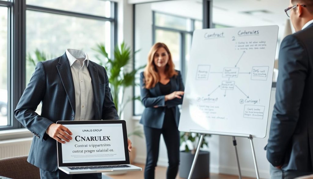 A professional setting showcasing three business individuals engaged in a discussion about "Contrats tripartites portage salarial." In the foreground, a confident lawyer in a tailored suit, holding a document with the logo "UMALIS GROUP," stands beside a laptop open to a digital platform displaying contract details. In the middle ground, a businesswoman gestures towards a whiteboard filled with diagrams explaining portage salarial mechanisms, emphasizing collaboration. In the background, large windows allow natural light to flood the room, highlighting an office environment with minimalistic decor and greenery. The mood is focused and collaborative, symbolizing the function and effectiveness of the salary portage system for independent lawyers.