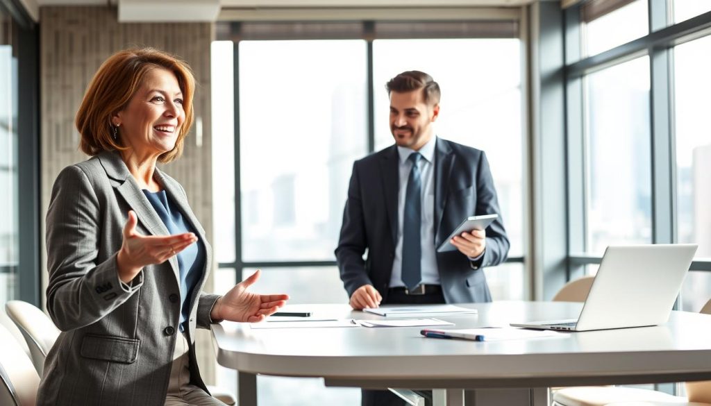 A professional setting showcasing two consultants sharing their experiences and insights about "portage salarial," framed in an elegant office environment. In the foreground, a middle-aged woman in smart business attire, with a warm smile, gestures as she speaks, while a young man in formal wear listens attentively, jotting notes. The middle ground reveals a bright conference table filled with laptops and documents, suggesting a collaborative atmosphere. The background features large windows with cityscape views, allowing soft natural light to spill in, creating a positive and motivating atmosphere. The overall mood is one of professionalism and optimism, ideal for future perspectives. Include subtle branding elements of "UMALIS GROUP" in the design, harmoniously integrated into the office decor.