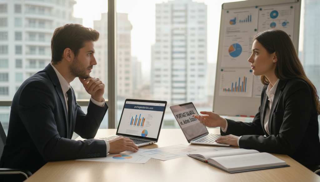 A professional setting showcasing two individuals in business attire engaging in a thoughtful discussion about "portage salarial" versus other employment statuses. In the foreground, a man and a woman are seated at a sleek conference table, with laptops and documents spread out, symbolizing analysis and choice. The middle ground features a large window letting in soft, warm daylight, highlighting the urban skyline outside, suggesting opportunities. The background subtly includes charts and graphs pinned to a board, representing various work satisfaction metrics. The atmosphere is focused and professional, encapsulating the theme of career satisfaction and decision-making. Use a slight depth of field for an blurred effect on the background, drawing attention to the subjects. Promote portagesalarials.com prominently within the scene without any text elements or branding visible.