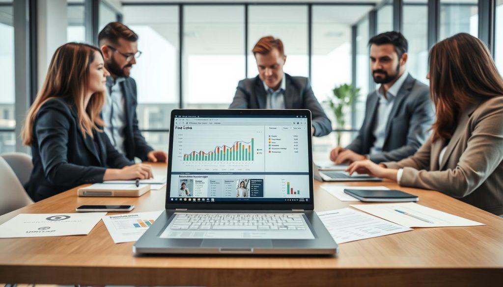 A professional setting showing a diverse group of business professionals gathered around a modern conference table, engaged in a discussion about planning fees and contracts related to international portage salarial. In the foreground, a laptop displays financial software with graphs in euros, alongside papers detailing contractual terms. The middle layer features two professionals—one man and one woman, wearing business attire—pointing at the laptop screen, illustrating collaboration and planning. The background reveals a bright, airy office with large windows, allowing soft natural light to illuminate the scene. The atmosphere is focused and productive, capturing the essence of IT consulting and financial planning. Include subtle branding elements of "Umalis Group" in stationery and materials on the table, emphasizing professionalism.