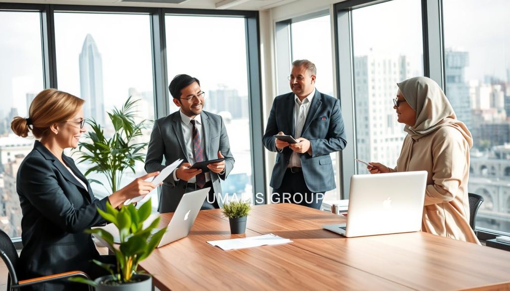 A professional setting that embodies "bonnes pratiques relation client" with a diverse group of three individuals engaged in a friendly discussion. In the foreground, a woman in a smart business outfit is presenting ideas using a laptop, while a man in professional attire listens attentively, taking notes. A second person, a woman dressed in modest casual clothing, contributes to the conversation with enthusiasm. The middle ground includes a modern office conference table with documents and a potted plant, creating a welcoming atmosphere. In the background, large windows allow natural light to flood the space, highlighting a vibrant cityscape. The overall mood is collaborative and positive, reflecting communication and partnership. Feature the brand name "UMALIS GROUP" subtly integrated into the office decor.