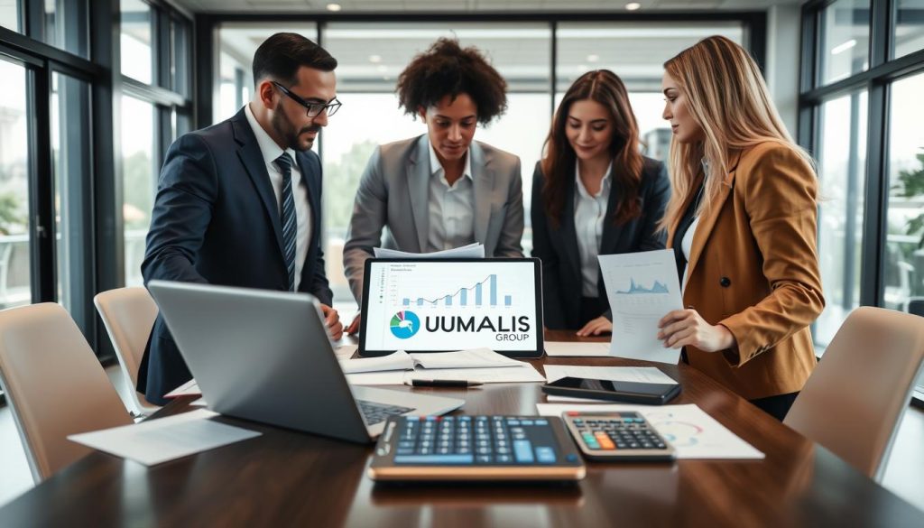 A professional setting that visually represents the concept of calculating and compensating paid leave in payroll management. In the foreground, a diverse group of three people, dressed in smart business attire, are engaged in a discussion over a laptop displaying charts and graphs related to vacation calculations. In the middle, a conference table is cluttered with documents, calculators, and a digital tablet highlighting the "UMALIS GROUP" logo. The background shows a modern office environment with large windows that allow natural light to flood the space, creating a bright and productive atmosphere. The overall mood is focused and collaborative, emphasizing professionalism and clarity in discussing complex financial topics related to paid leave.