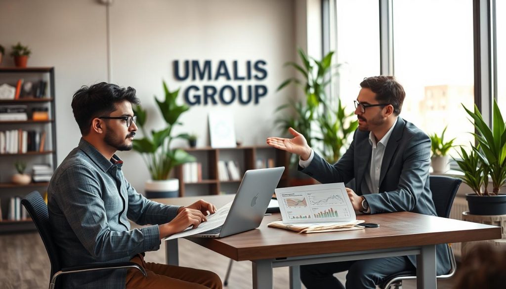 A professional setting where a confident freelance worker is engaged in a discussion with a human resources representative. In the foreground, the freelancer, a person in smart casual attire, is seated at a modern desk, reviewing documents and using a laptop. The HR representative, dressed in professional business attire, is gesturing towards an open laptop displaying graph and data analyses. In the middle, a stylish office environment with large windows letting in soft, natural light, plants adorning the spaces, and a shelf filled with books related to employment and freelance work. The background showcases a motivating wall art displaying the brand name "UMALIS GROUP". The atmosphere should be collaborative and innovative, hinting at the idea of balancing freelance work and salaried employment in a bright and inviting workspace. A professional setting where a confident freelance worker is engaged in a discussion with a human resources representative. In the foreground, the freelancer, a person in smart casual attire, is seated at a modern desk, reviewing documents and using a laptop. The HR representative, dressed in professional business attire, is gesturing towards an open laptop displaying graph and data analyses. In the middle, a stylish office environment with large windows letting in soft, natural light, plants adorning the spaces, and a shelf filled with books related to employment and freelance work. The background showcases a motivating wall art displaying the brand name "UMALIS GROUP". The atmosphere should be collaborative and innovative, hinting at the idea of balancing freelance work and salaried employment in a bright and inviting workspace.