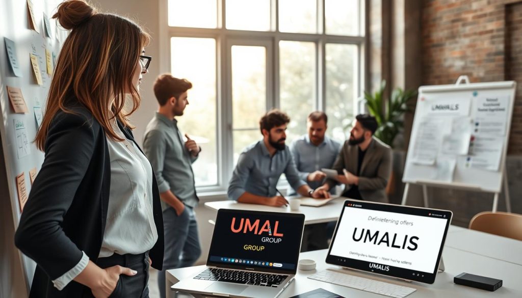 A professional setting with a diverse group of freelancers engaging in a brainstorming session. In the foreground, a confident woman in smart casual attire stands beside a whiteboard filled with colorful diagrams and notes. In the middle ground, two men and a woman are seated at a table, discussing strategies, while a laptop with an open presentation showcases the brand "UMALIS GROUP." The background features large windows with natural light filtering in, casting a warm glow over the scene. The atmosphere is collaborative and focused, embodying creativity and ambition. The composition uses a wide-angle lens to capture the dynamic interaction among the group, emphasizing the importance of defining offers and identifying target audiences. A professional setting with a diverse group of freelancers engaging in a brainstorming session. In the foreground, a confident woman in smart casual attire stands beside a whiteboard filled with colorful diagrams and notes. In the middle ground, two men and a woman are seated at a table, discussing strategies, while a laptop with an open presentation showcases the brand "UMALIS GROUP." The background features large windows with natural light filtering in, casting a warm glow over the scene. The atmosphere is collaborative and focused, embodying creativity and ambition. The composition uses a wide-angle lens to capture the dynamic interaction among the group, emphasizing the importance of defining offers and identifying target audiences.