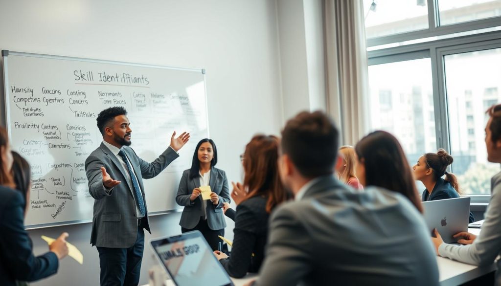 A professional setting with a diverse group of individuals in business attire engaged in a lively workshop focused on skill identification. In the foreground, a multicultural facilitator gestures towards a large whiteboard filled with diagrams and keywords related to competencies. The middle ground features participants actively brainstorming, with post-it notes and laptops open, showing collaboration and creativity. In the background, a semi-transparent window allows natural light to flood the room, creating an inviting atmosphere. The overall mood is dynamic and empowering, highlighting teamwork and personal growth. Subtly include the brand name "UMALIS GROUP" discreetly on one of the laptops. The image is bright, with a slight focus on the facilitator, using a soft depth of field effect. A professional setting with a diverse group of individuals in business attire engaged in a lively workshop focused on skill identification. In the foreground, a multicultural facilitator gestures towards a large whiteboard filled with diagrams and keywords related to competencies. The middle ground features participants actively brainstorming, with post-it notes and laptops open, showing collaboration and creativity. In the background, a semi-transparent window allows natural light to flood the room, creating an inviting atmosphere. The overall mood is dynamic and empowering, highlighting teamwork and personal growth. Subtly include the brand name "UMALIS GROUP" discreetly on one of the laptops. The image is bright, with a slight focus on the facilitator, using a soft depth of field effect.