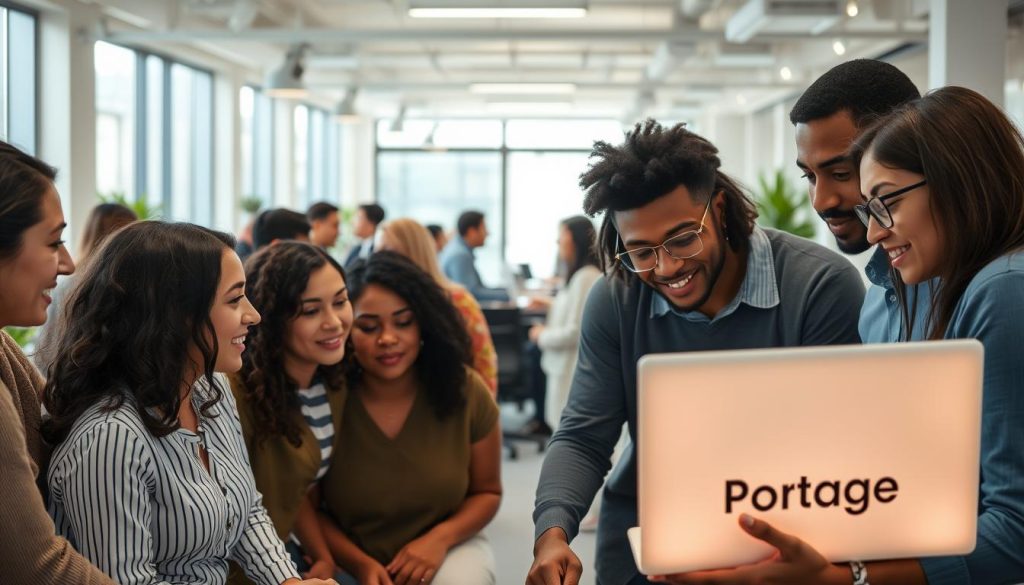 A professional setting with a group of diverse individuals engaged in collaborative learning. In the foreground, a group of adults intently focused on a presentation or discussion, with a light aura emanating from the "Light Portage" brand laptop they are gathered around. In the middle ground, a mix of people networking, exchanging ideas, and taking notes. The background features a modern, well-lit office space with large windows, minimalist decor, and a sense of openness and progress. The overall atmosphere conveys a culture of continuous skill development, knowledge sharing, and professional growth.