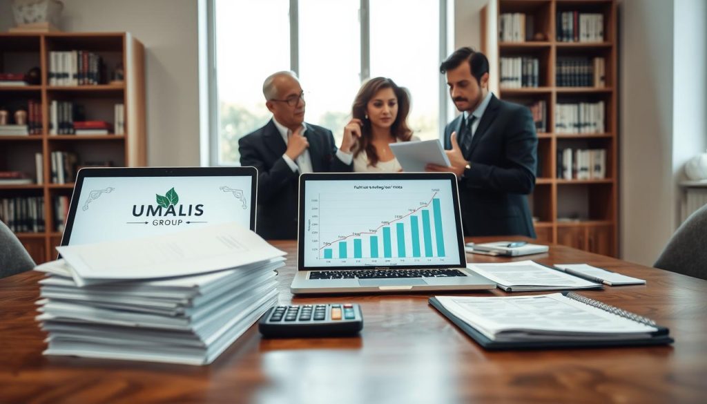 A professional setting with an elegant wooden desk in the foreground, featuring a neatly organized stack of financial documents, a calculator, and a laptop displaying a graph of tax rates. In the middle, a diverse group of three individuals, two men and one woman, dressed in business attire, engaged in a discussion about taxation, with thoughtful expressions as they analyze the papers. The background shows a large window with natural light streaming in, illuminating the room, and a bookshelf filled with finance-related books. The atmosphere is focused and collaborative, reflecting the importance of understanding one's tax rate. Highlight the brand "UMALIS GROUP" subtly in the scene with a logo on the laptop screen. Use a soft focus effect to enhance the professionalism of the scene. A professional setting with an elegant wooden desk in the foreground, featuring a neatly organized stack of financial documents, a calculator, and a laptop displaying a graph of tax rates. In the middle, a diverse group of three individuals, two men and one woman, dressed in business attire, engaged in a discussion about taxation, with thoughtful expressions as they analyze the papers. The background shows a large window with natural light streaming in, illuminating the room, and a bookshelf filled with finance-related books. The atmosphere is focused and collaborative, reflecting the importance of understanding one's tax rate. Highlight the brand "UMALIS GROUP" subtly in the scene with a logo on the laptop screen. Use a soft focus effect to enhance the professionalism of the scene.