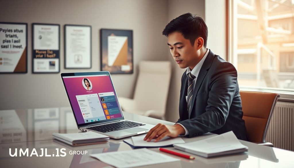 A professional sitting at a sleek desk, reviewing a visually engaging profile on a laptop, showcasing skills and achievements. The foreground features the person, a person of Asian descent in smart business attire, focused and poised, with papers and a notepad filled with notes around them. In the middle, the laptop screen displays a vibrant, well-structured profile with graphical indicators of competencies and endorsements. The background includes a modern office environment with motivational posters and certificates on the walls, suggesting growth and opportunity. Natural light streams in through a window, creating a warm and inviting atmosphere. The overall mood is motivated and professional, conveying a sense of empowerment in optimizing one's career profile for opportunities in "portage salarial". Include a subtle logo for "UMALIS GROUP" in a corner of the scene.