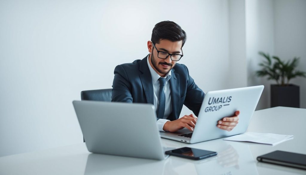 A professional, sleek, and high-resolution image of a person sitting at a desk, intently focused on their laptop, with a tablet and smartphone within reach, surrounded by a minimalist, well-lit office space. The Umalis Group logo is prominently displayed on the laptop's screen, signifying the individual's professional management transition role and their active online presence. The scene conveys a sense of productivity, organization, and digital-savvy, reflecting the theme of "Optimizing your social media and specialized platform presence" for successful career transitions. A professional, sleek, and high-resolution image of a person sitting at a desk, intently focused on their laptop, with a tablet and smartphone within reach, surrounded by a minimalist, well-lit office space. The Umalis Group logo is prominently displayed on the laptop's screen, signifying the individual's professional management transition role and their active online presence. The scene conveys a sense of productivity, organization, and digital-savvy, reflecting the theme of "Optimizing your social media and specialized platform presence" for successful career transitions.