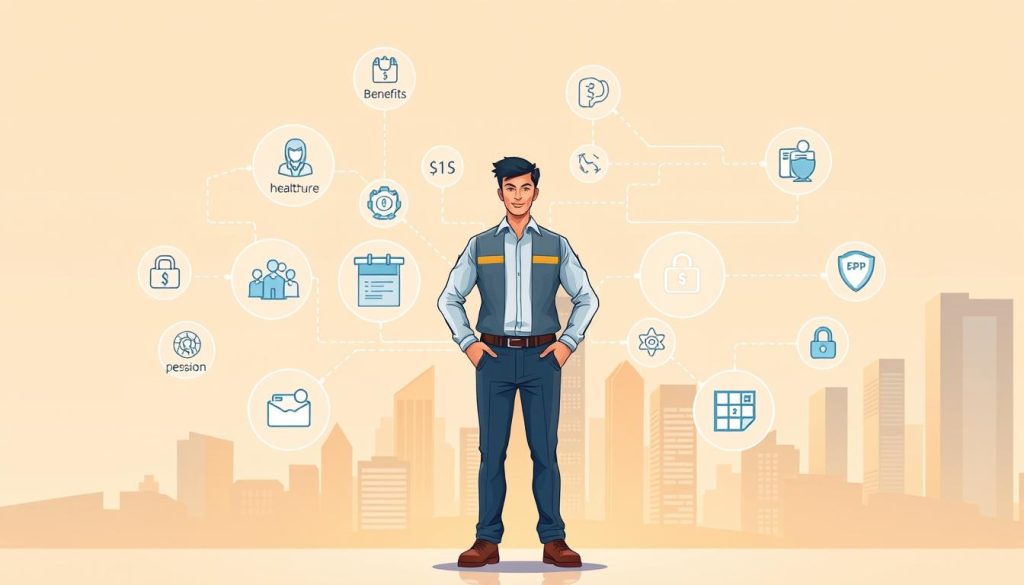 A professional, sleek and modern illustration showcasing the social protection and payroll services offered by Umalis Group. In the foreground, a worker stands confidently, surrounded by a supportive network of benefits and services - healthcare, pension, and social security. The middle ground depicts the seamless payroll process, with financial data and transactions flowing smoothly. In the background, a cityscape represents the business environment, highlighting Umalis Group's role in enabling independent professionals to thrive. The scene is bathed in warm, soft lighting, conveying a sense of security and stability. Overall, the image emphasizes the comprehensive social and financial safeguards that Umalis Group provides to its clients, empowering them to pursue their professional aspirations with confidence.