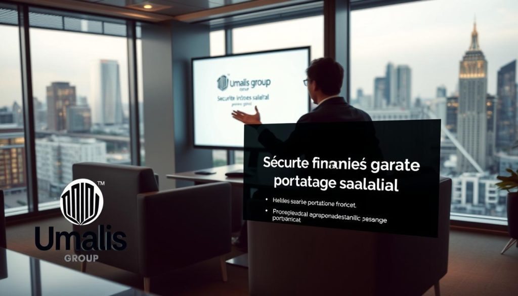 A professional, sleek office interior with modern furniture and large windows overlooking a bustling cityscape. In the foreground, a stylized, minimalist illustration of the Umalis Group logo, conveying a sense of financial security and stability. The middle ground features a well-dressed business person sitting at a desk, gesturing towards a projected display highlighting key "sécurité financière garantie portage salarial" details. The background is softly lit, creating a warm, professional atmosphere. The overall scene evokes a sense of trust, reliability, and financial well-being associated with the Umalis Group's portage salarial services.